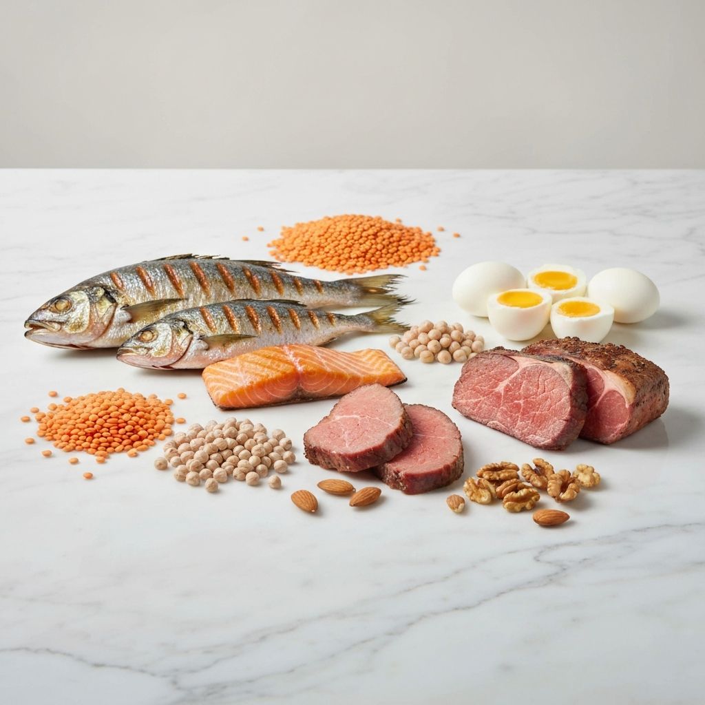 Various protein sources including fish, eggs, legumes, and nuts representing diverse protein options