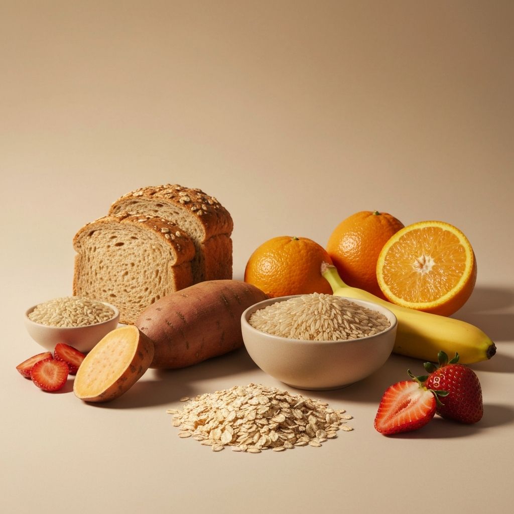 Complex carbohydrate sources including whole grains, oats, brown rice, and fresh fruits