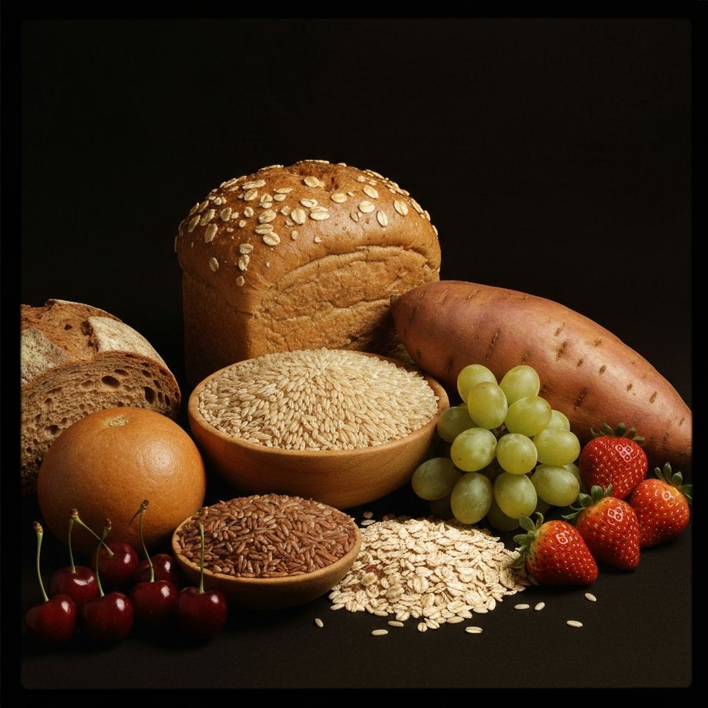 Complex carbohydrate sources including whole grain bread, sweet potato, brown rice, and oats with fresh fruits