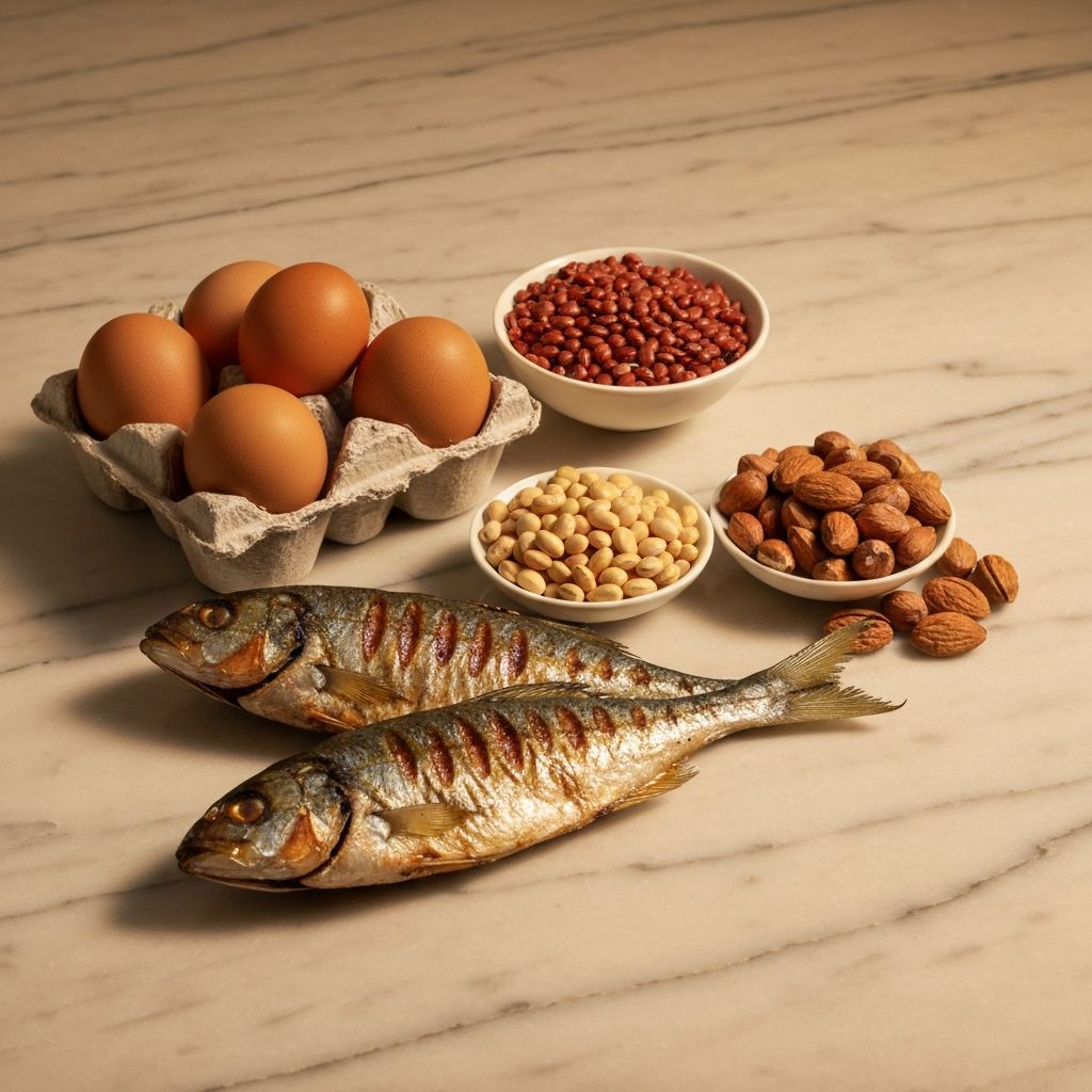 Various protein sources including grilled fish, eggs, legumes, and nuts arranged on a marble surface